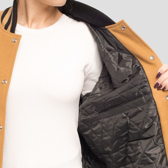 Camel Wool Body & Black Leather Sleeves Full-Snap Letterman Varsity Jacket - Picture 8 of 9